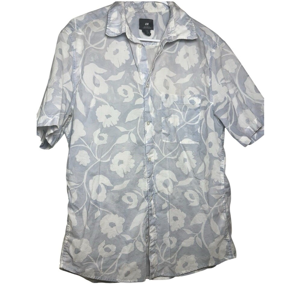 H & M Men’s Hawaiian Short Sleeve Button Down Shirt Blue White Floral Sz M